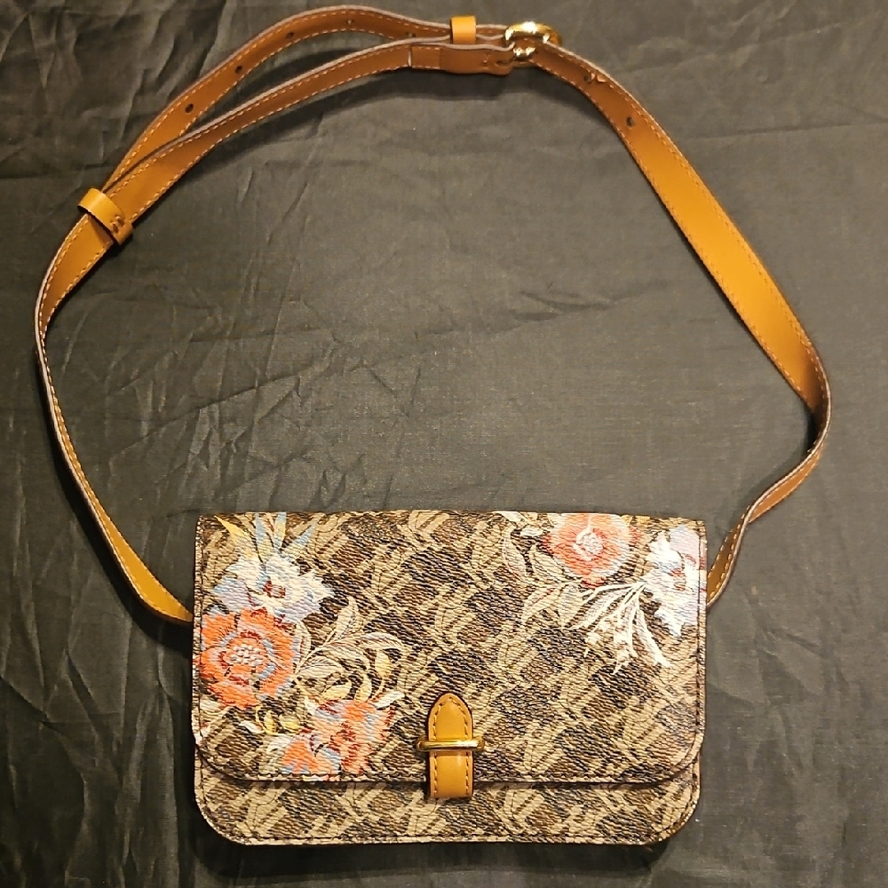 Floral Patterned Belt Wallet or Small Crossbody 6.5x4 Tan Strap